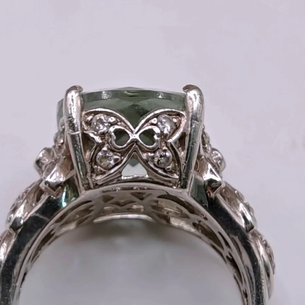 Sterling Silver Prasiolite Green Quartz Filigree Butterfly Ring Designer Stamped
